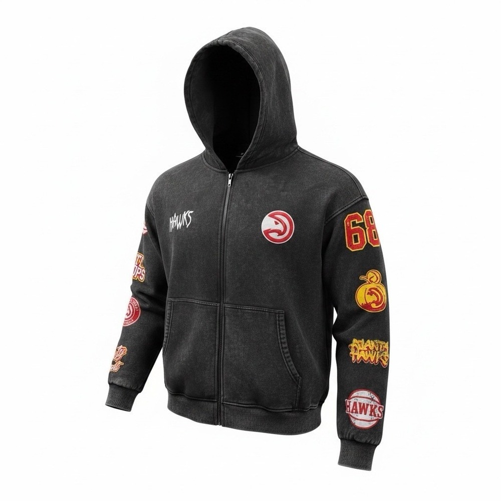 The Wild Collective Adult Atlanta Hawks Black Patch Full-Zip Hoodie Size XL